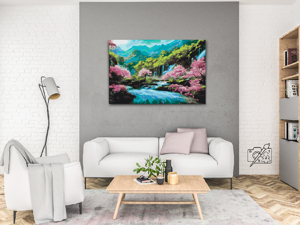 Paint by Number - Blooming Trees near the Waterfall