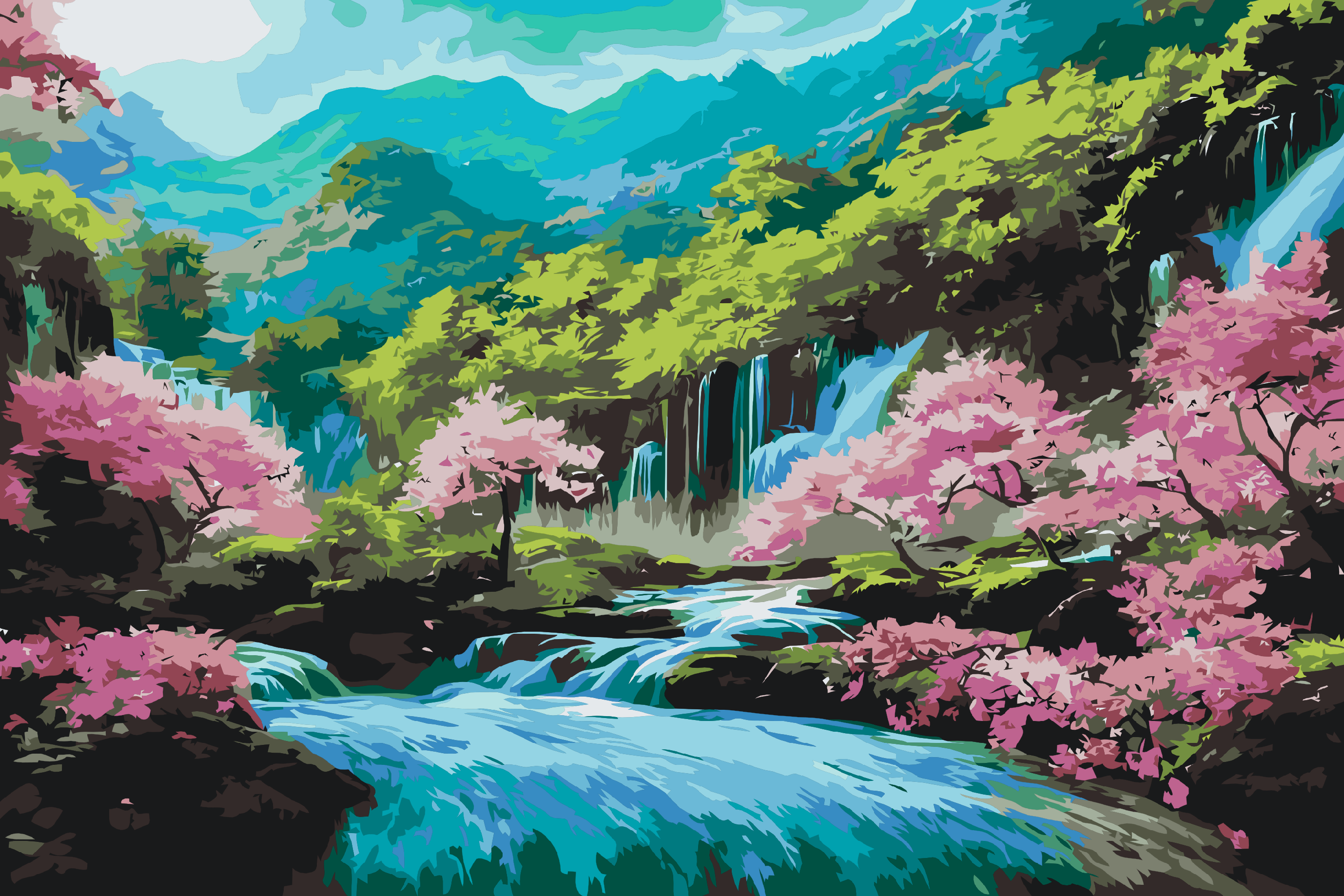 Paint by Number - Blooming Trees near the Waterfall
