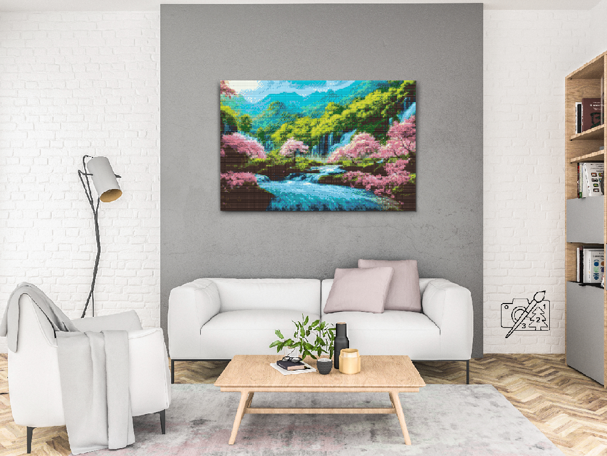 Diamond Painting - Blooming Trees near the Waterfall